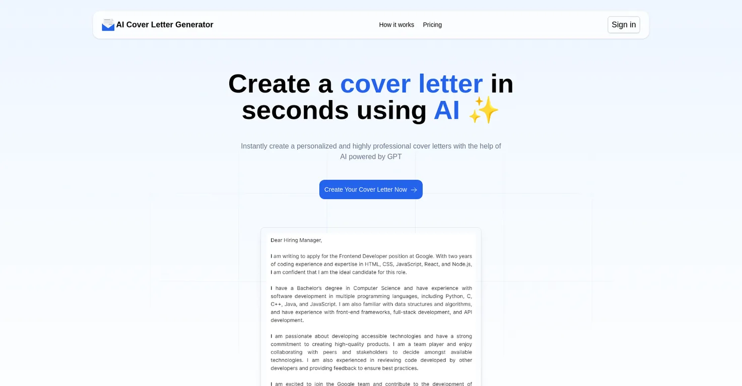 AI Cover Letter Generator screenshot
