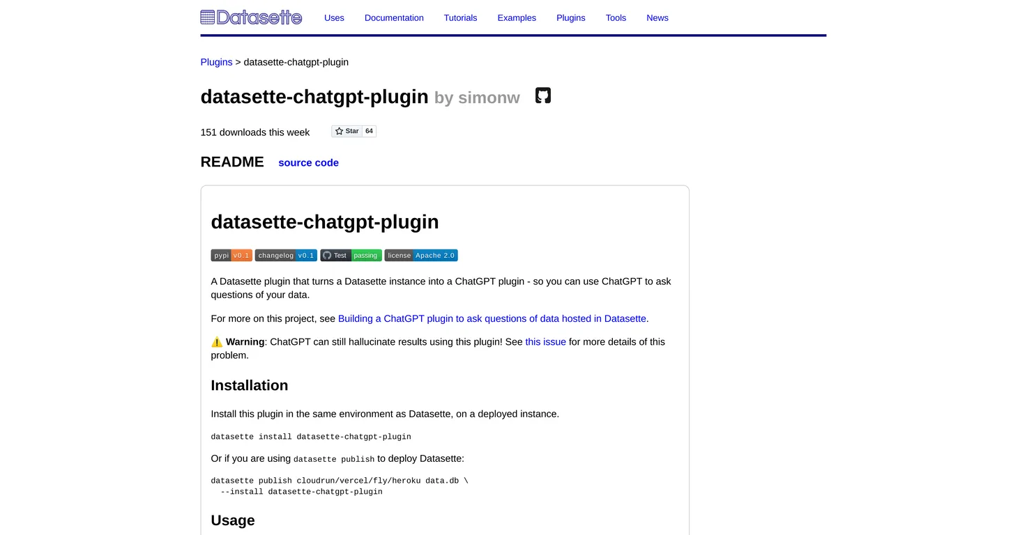 Datasette ChatGPT plugin screenshot