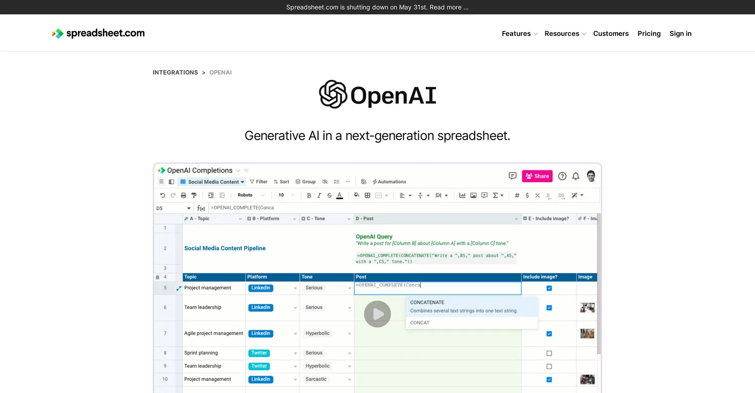 OpenAI in Spreadsheet screenshot