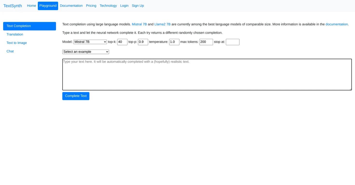 TextSynth Text Completion screenshot